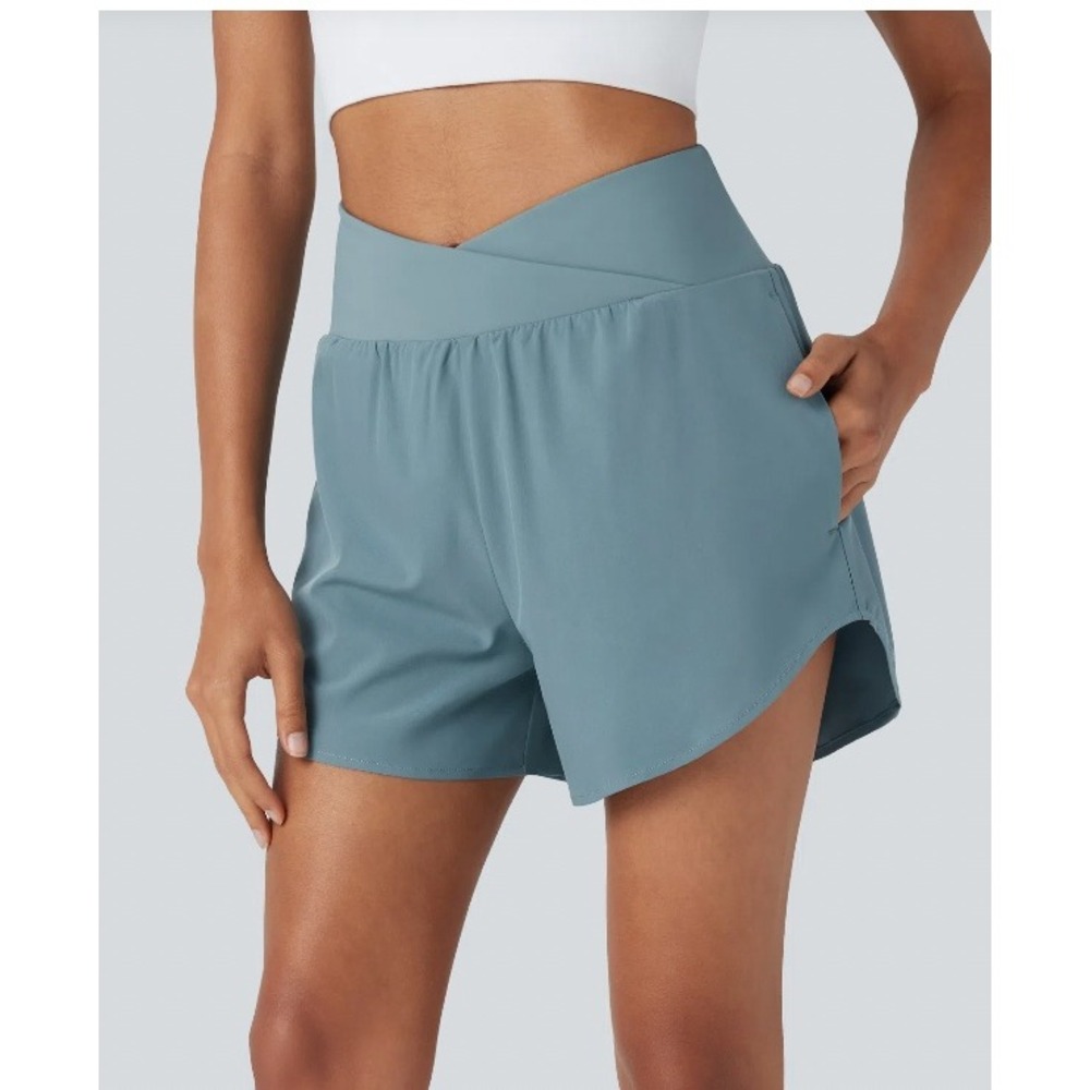 Breezeful™ High Waisted Crossover 2-in-1‎ Yoga Shorts Pockets Blue Size XS